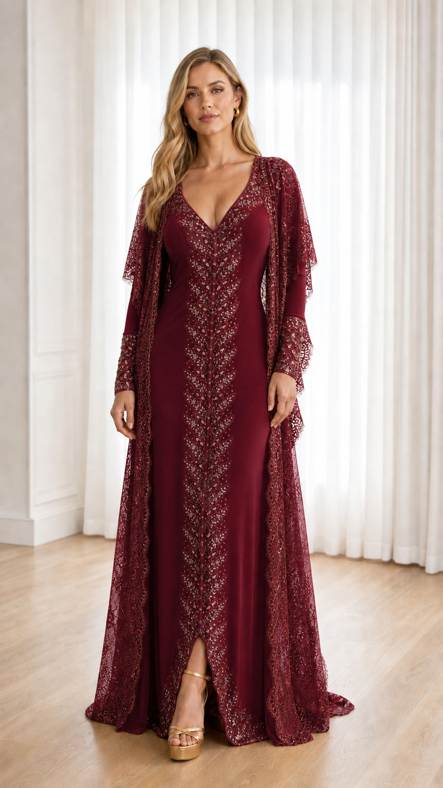 Burgundy wine sequin embroidered evening gown with sheer lace duster