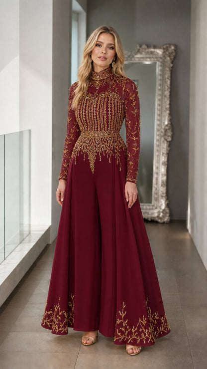 Full-length view of burgundy wine red formal wide-leg jumpsuit with gold embroidery
