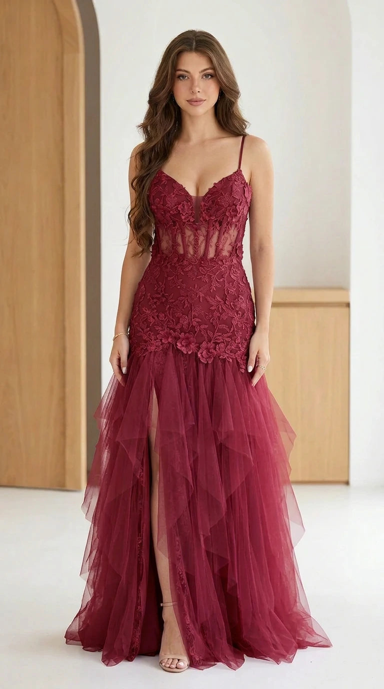 Burgundy red floral embroidered corset tulle evening maxi gown