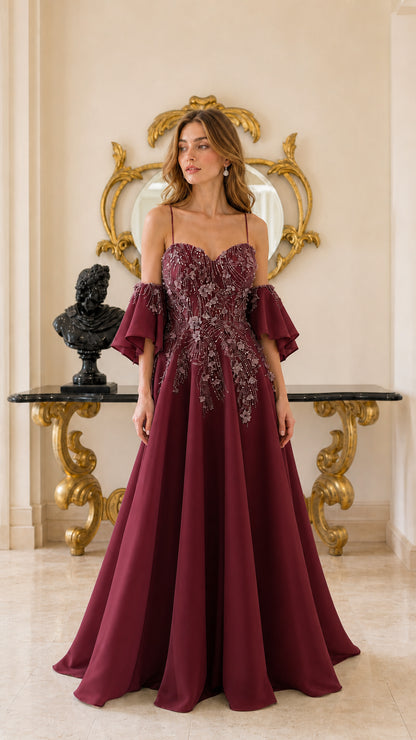 Burgundy wine red embellished sweetheart formal maxi dress with bell sleeves