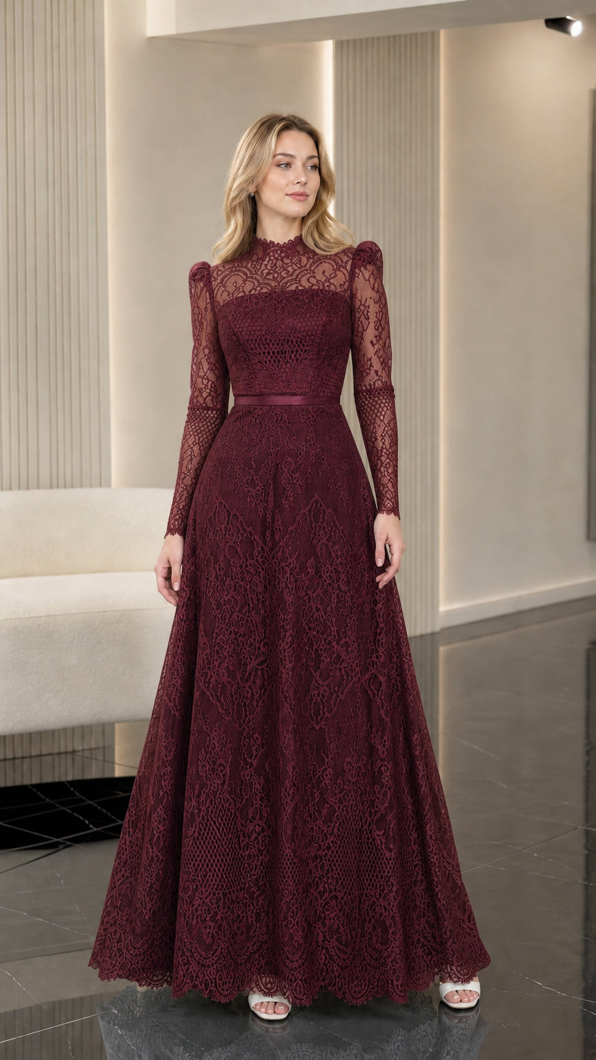 Full front view of burgundy wine red long sleeve lace gown