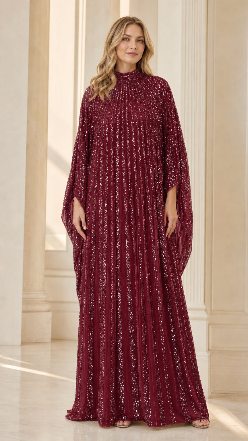 Burgundy wine red sequin pleated cape kaftan evening dress