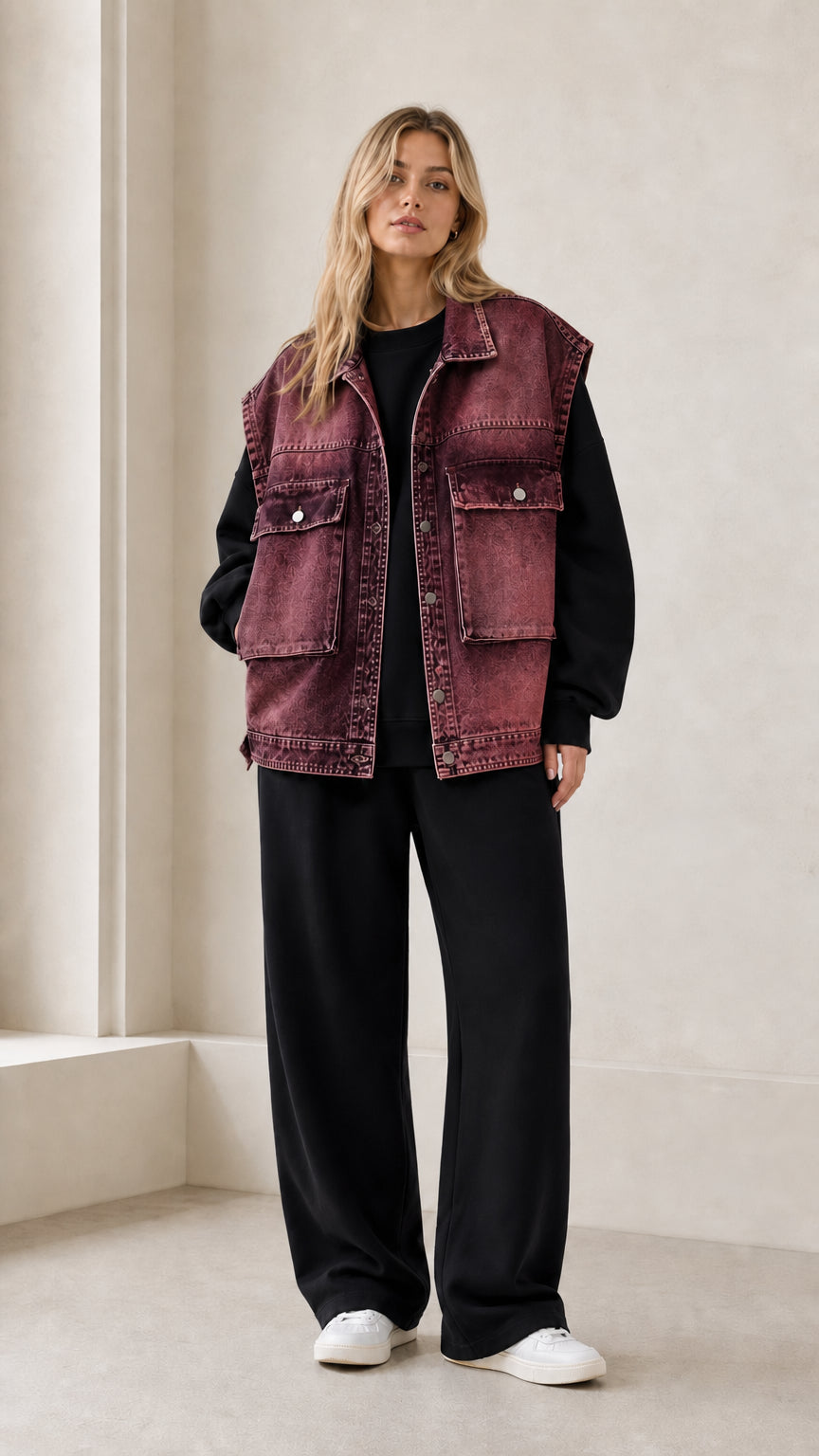 Front full view of woman wearing burgundy vintage washed oversized denim vest