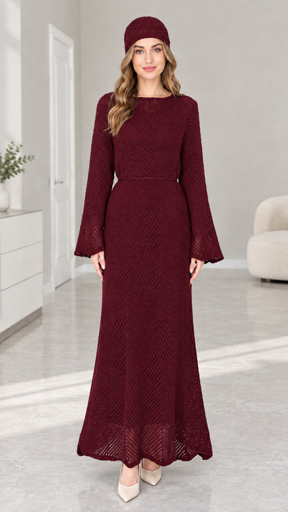 Front view of woman wearing Burgundy pointelle knit flared sleeve maxi dress