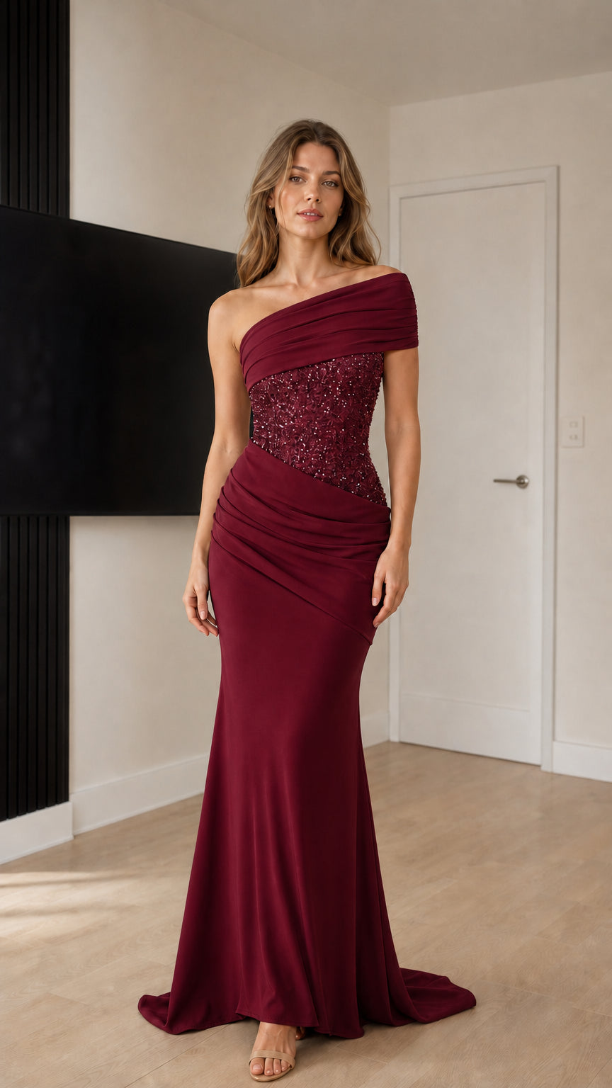 Full-length front view of Burgundy red one-shoulder sequin mermaid gown
