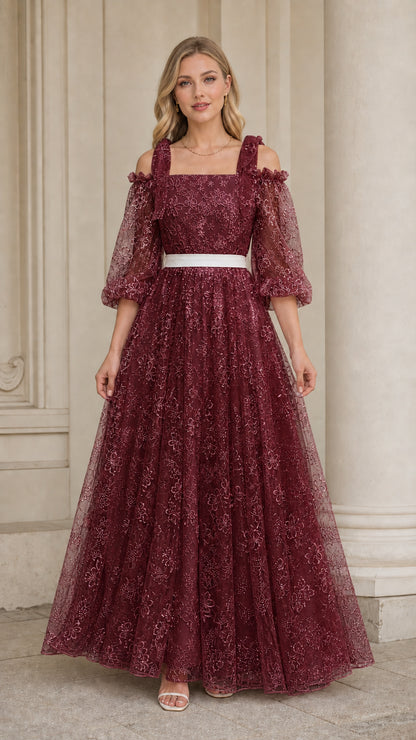 Burgundy wine red cold shoulder embroidered formal maxi dress with puff sleeves