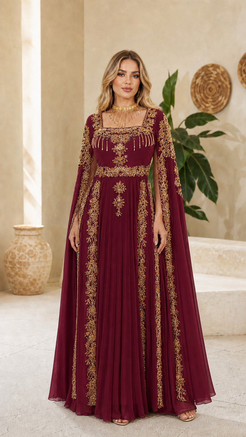 Model wearing burgundy cape sleeve embellished maxi evening gown