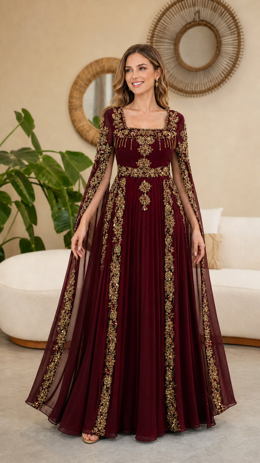 Model wearing Burgundy wine embroidered cape sleeve maxi dress