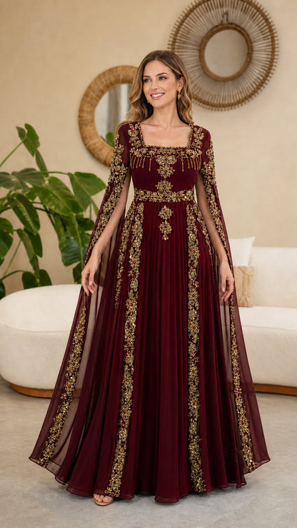 Model wearing Burgundy wine embroidered cape sleeve maxi dress