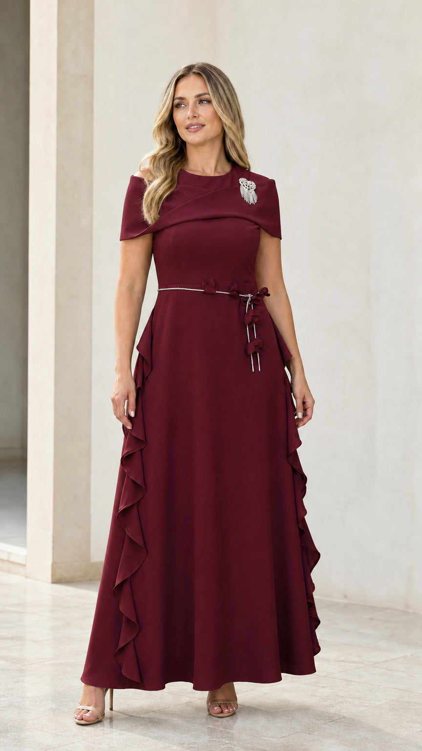 Burgundy wine red formal A-line maxi dress with ruffle side trim