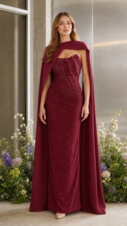 Burgundy red formal cape gown with 3D petals and corset back