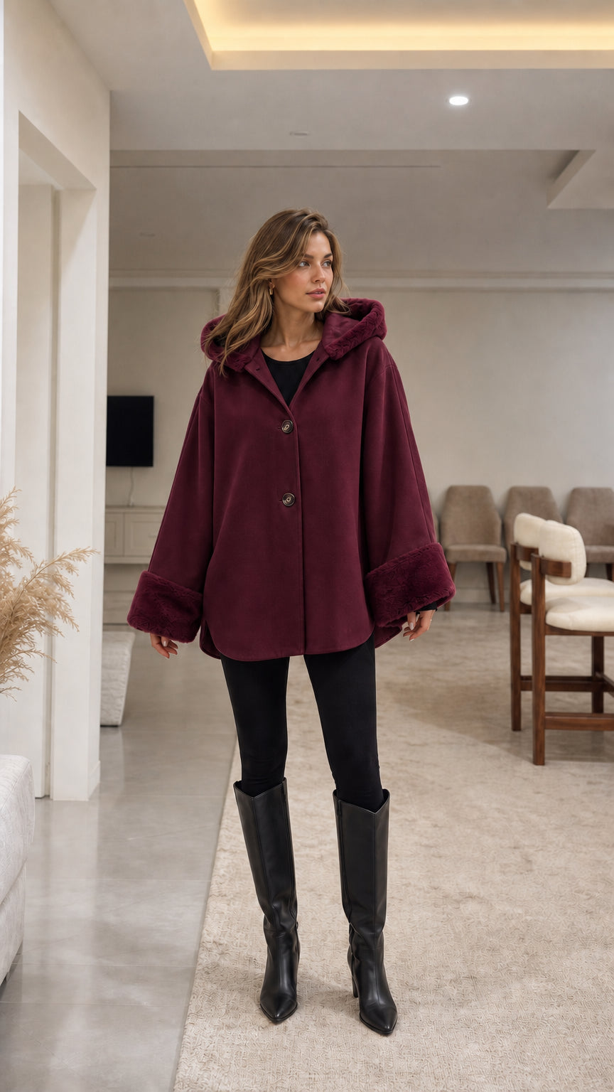 Model wearing deep burgundy hooded cape coat with faux fur trim