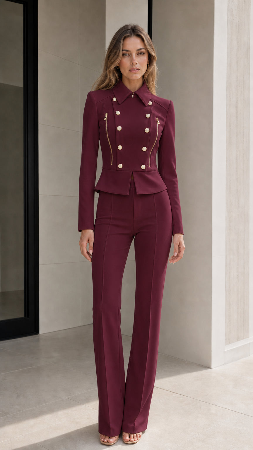 Model wearing burgundy red double-breasted peplum blazer and flared trousers suit set