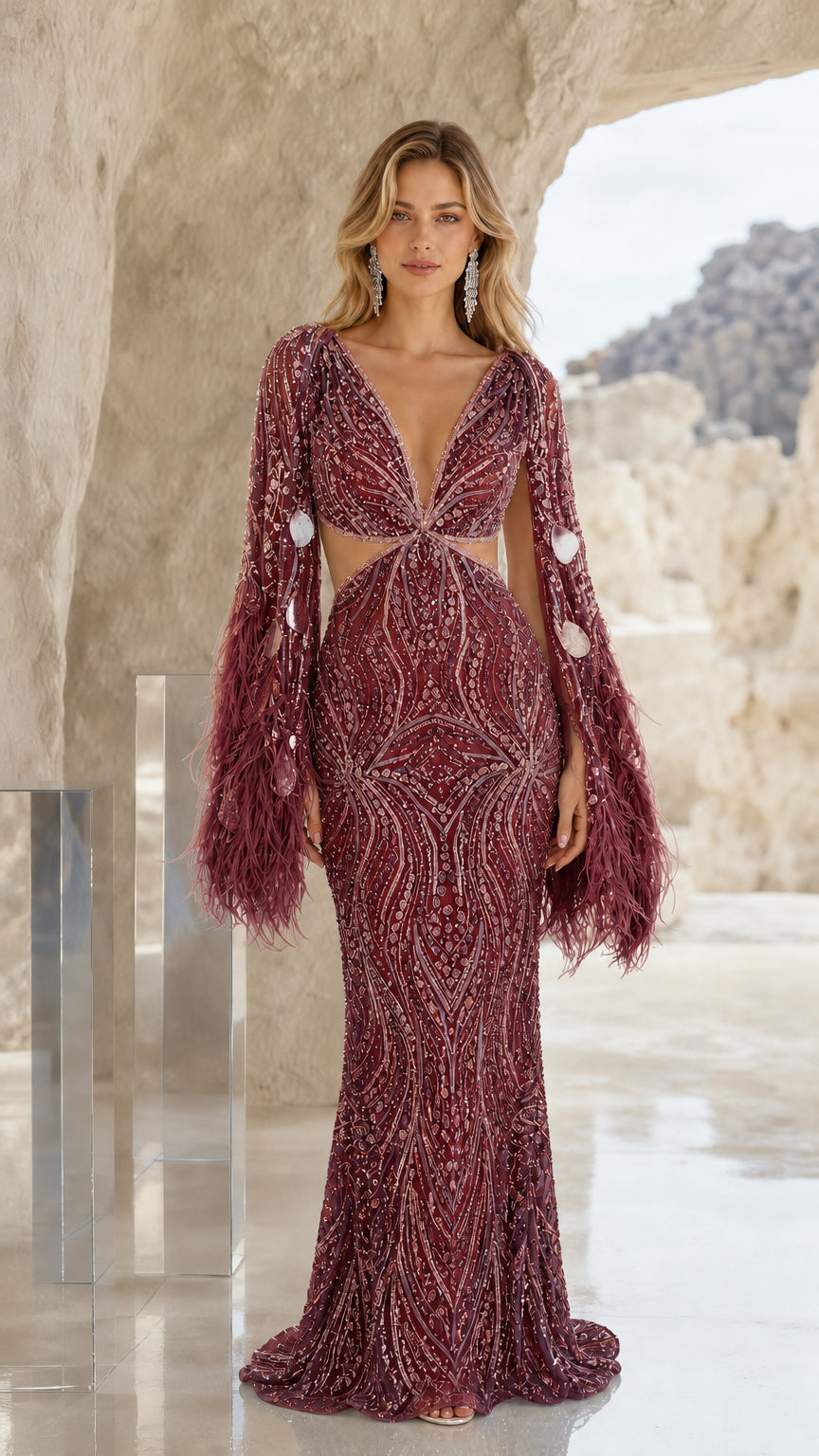Full front view of burgundy wine red sequin cut-out evening gown with feather sleeves