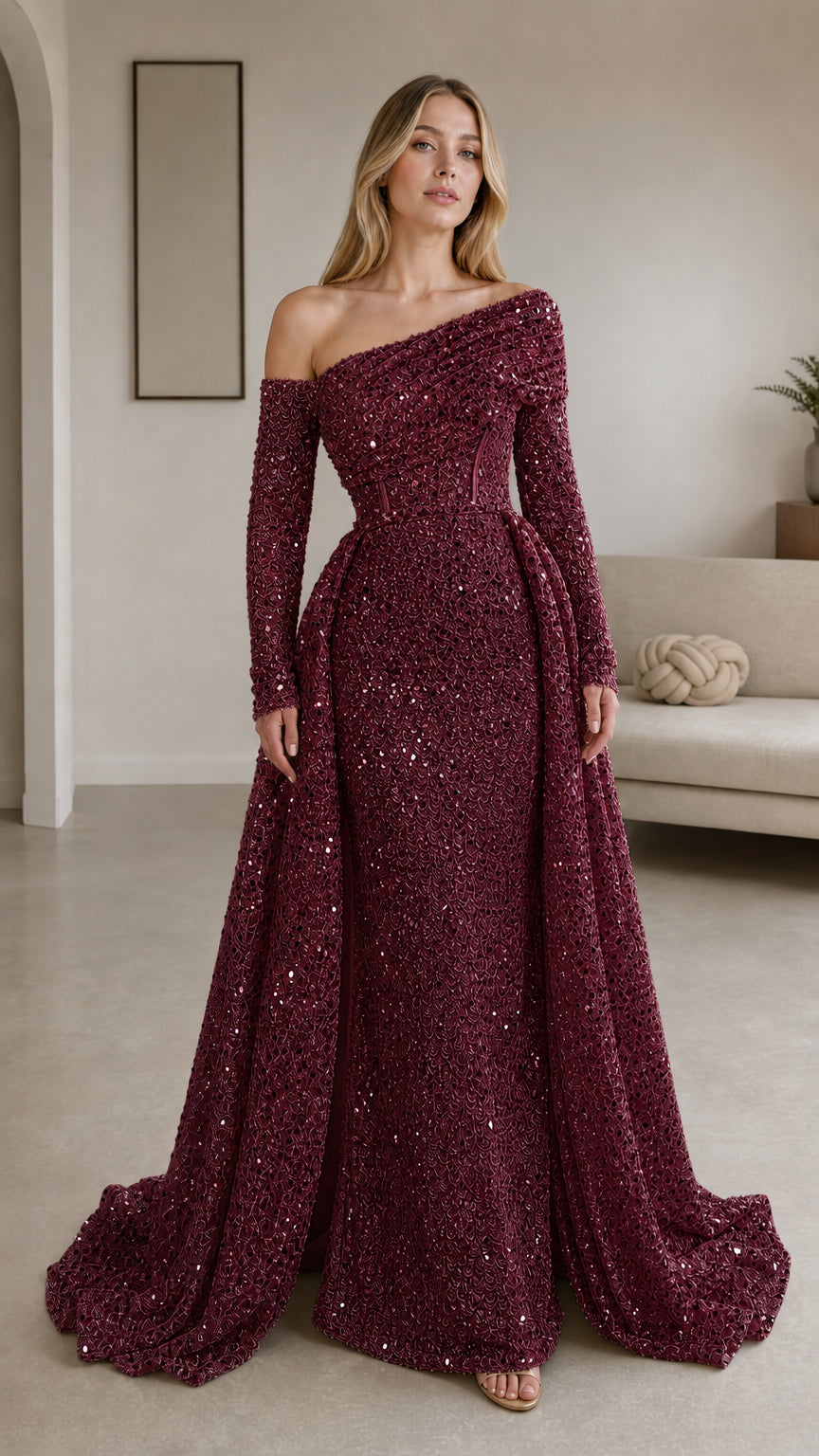 Burgundy wine sequin asymmetrical long sleeve evening gown