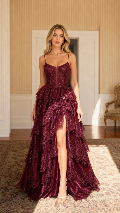 Front view of model wearing Burgundy wine sequined tiered lace evening dress