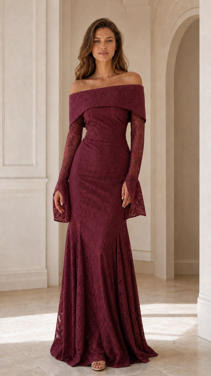 Front view of model wearing Burgundy off-the-shoulder lace evening dress