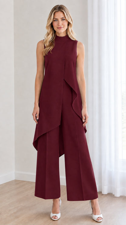 Front view of burgundy red sleeveless wide leg jumpsuit