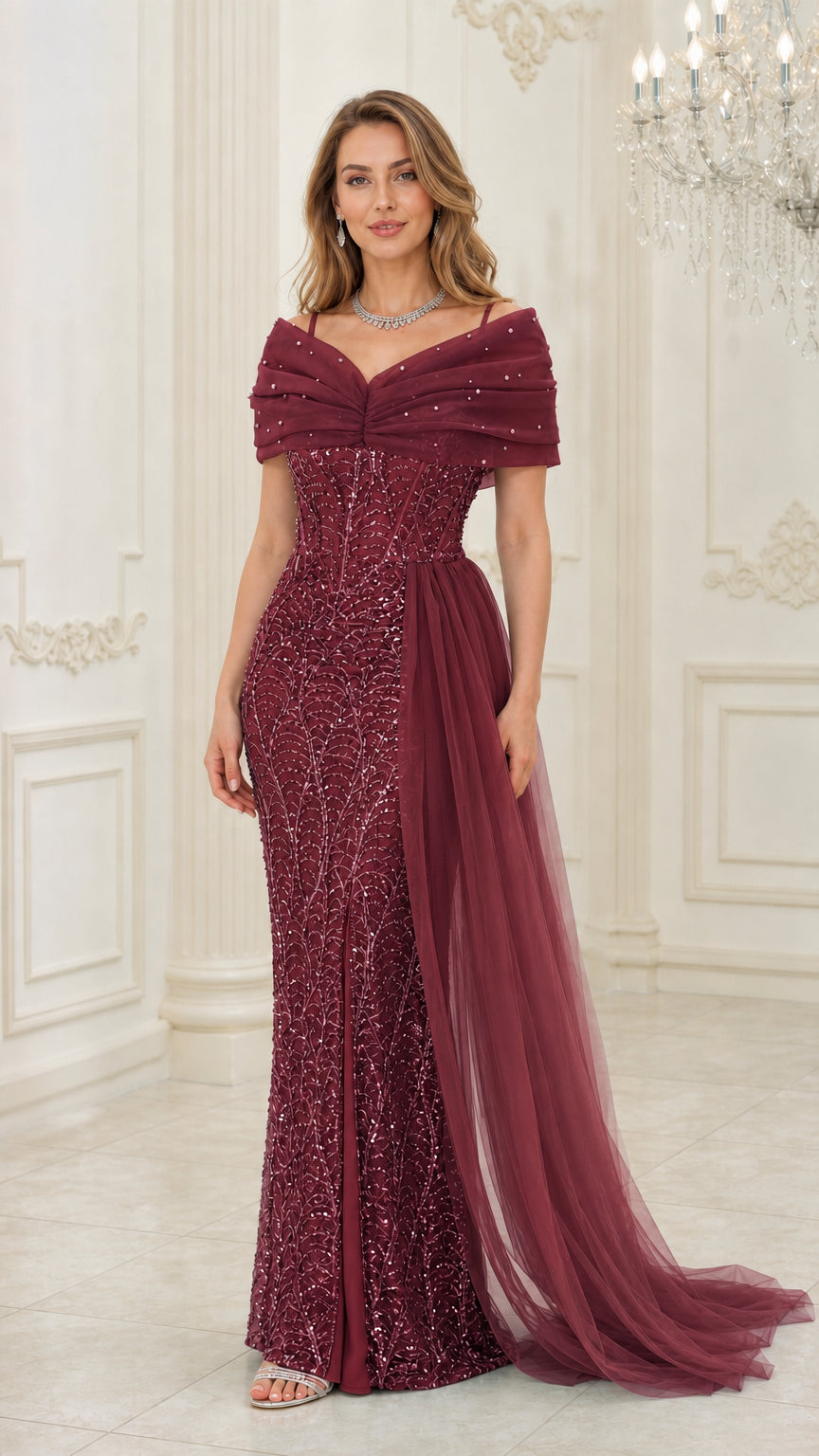Front view of woman wearing burgundy wine sequin evening gown with side train