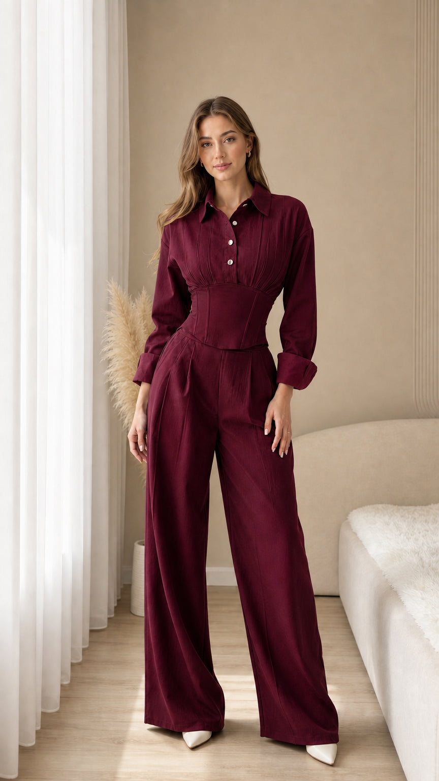 Full-length view of burgundy red button-down corset top and trouser set