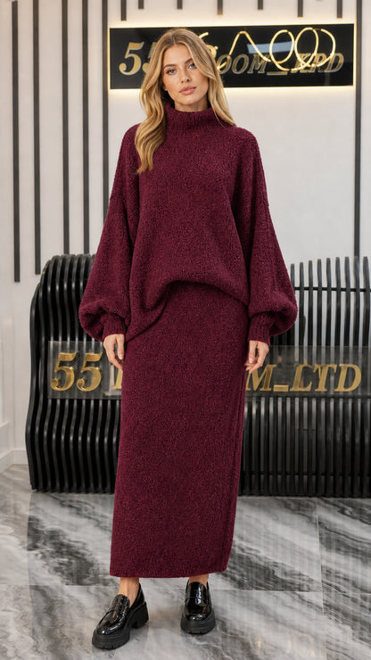 Model wearing Burgundy wine knit mock neck sweater and skirt two-piece set