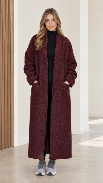 Full front view of women's burgundy wine bouclé duster coat
