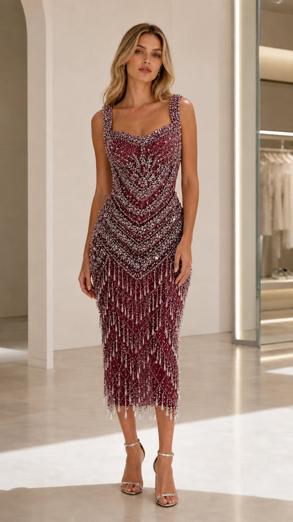 Model wearing Burgundy wine red beaded rhinestone cocktail dress