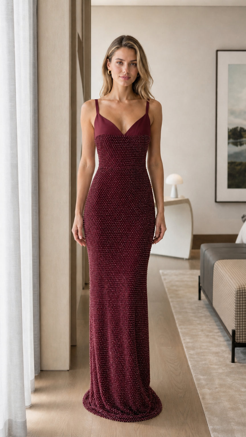 Front view of burgundy wine sweetheart textured maxi evening dress