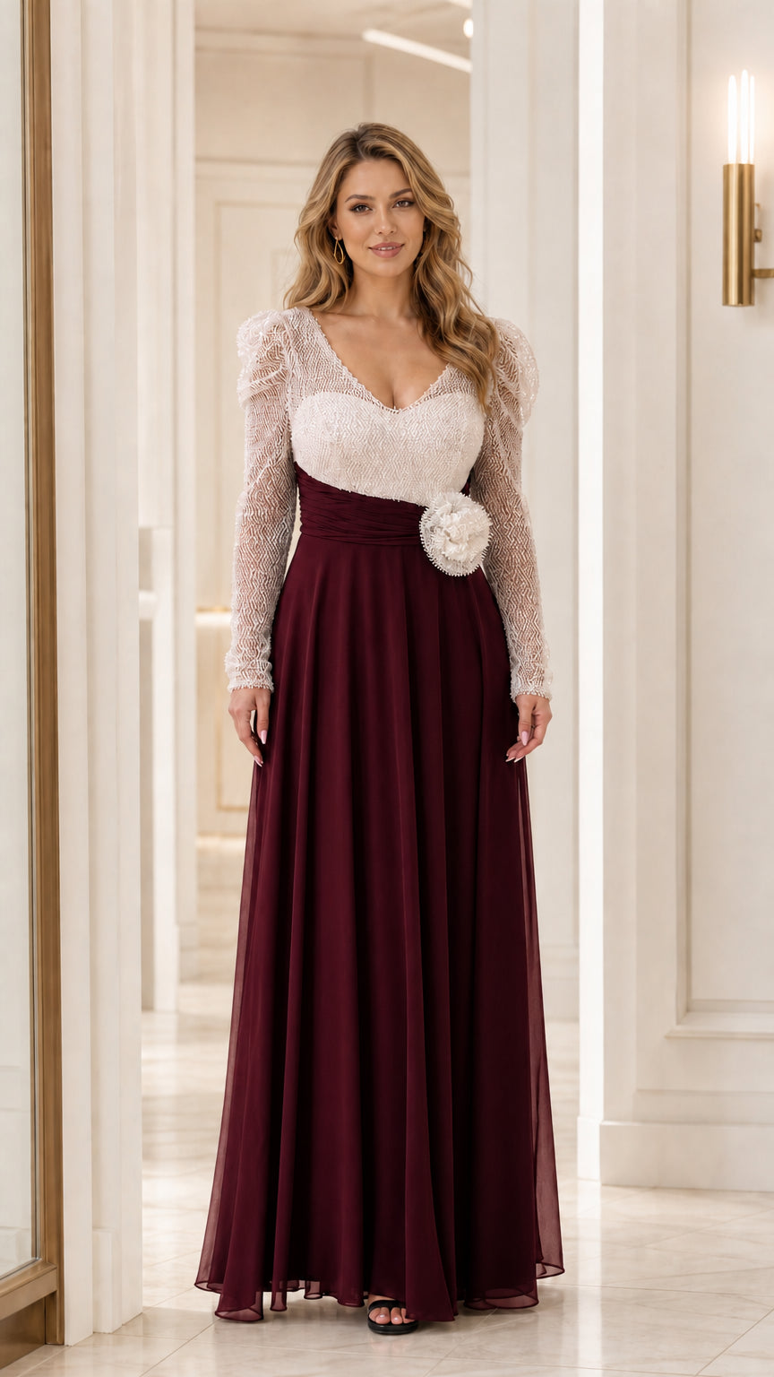 Burgundy chiffon skirt evening gown with white sequin long sleeve bodice