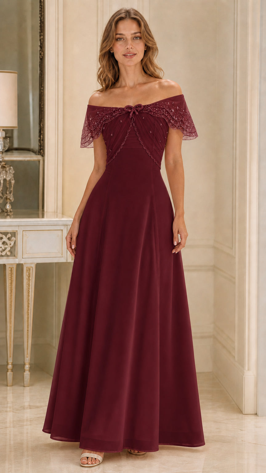 Front view of burgundy wine red off-the-shoulder formal evening maxi gown
