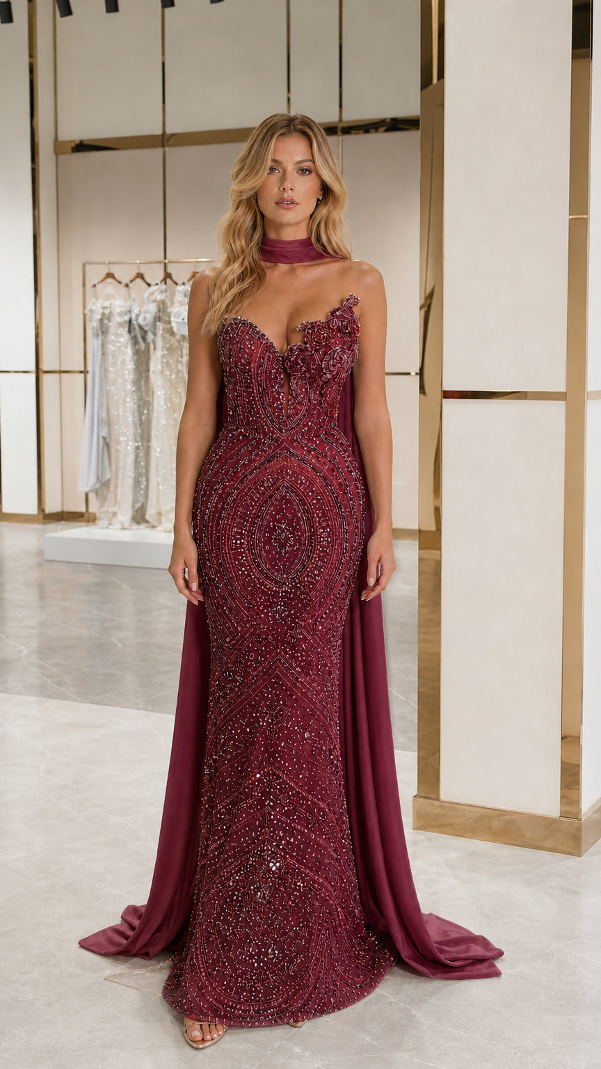 Burgundy wine red beaded strapless formal dress with sweeping cape
