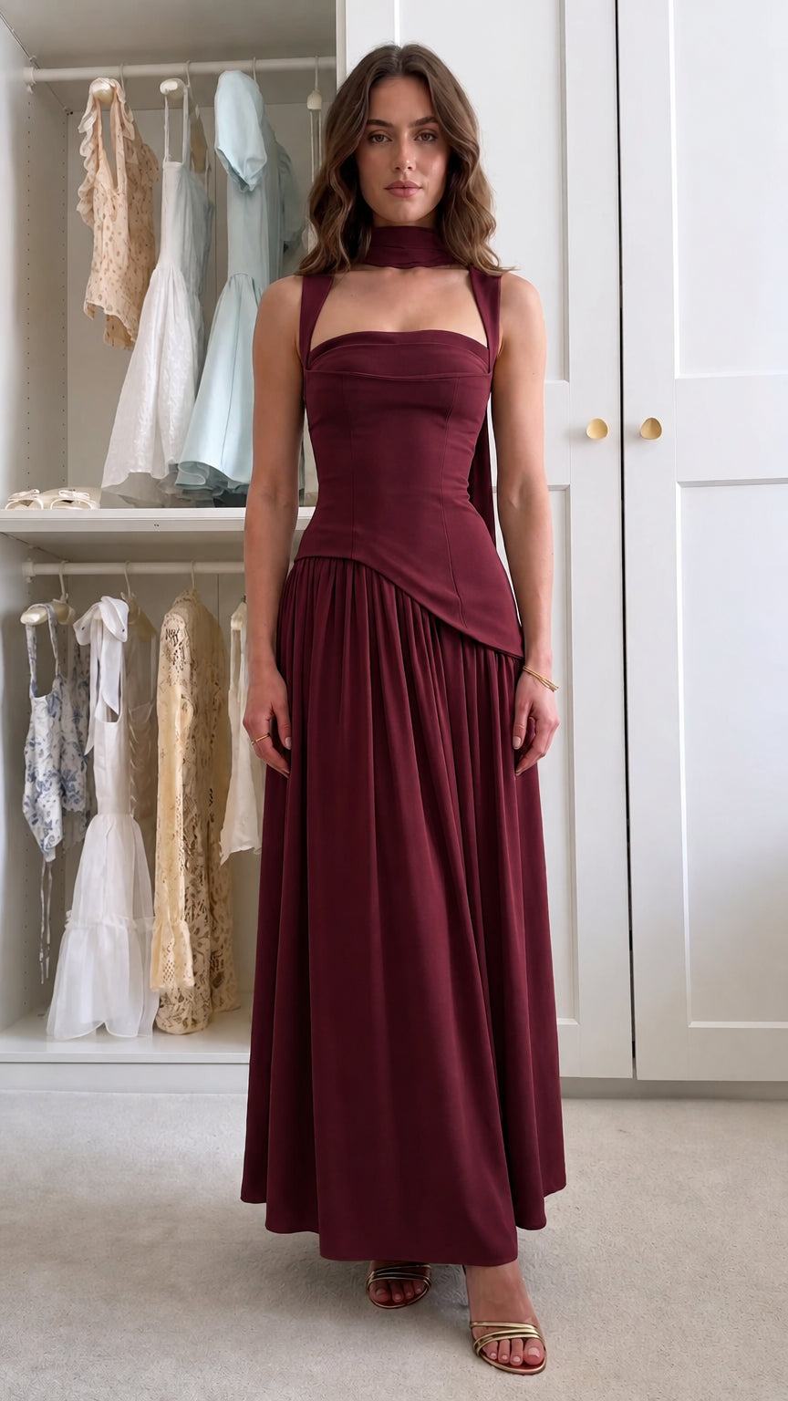 Front view of burgundy red corset drop waist evening maxi gown