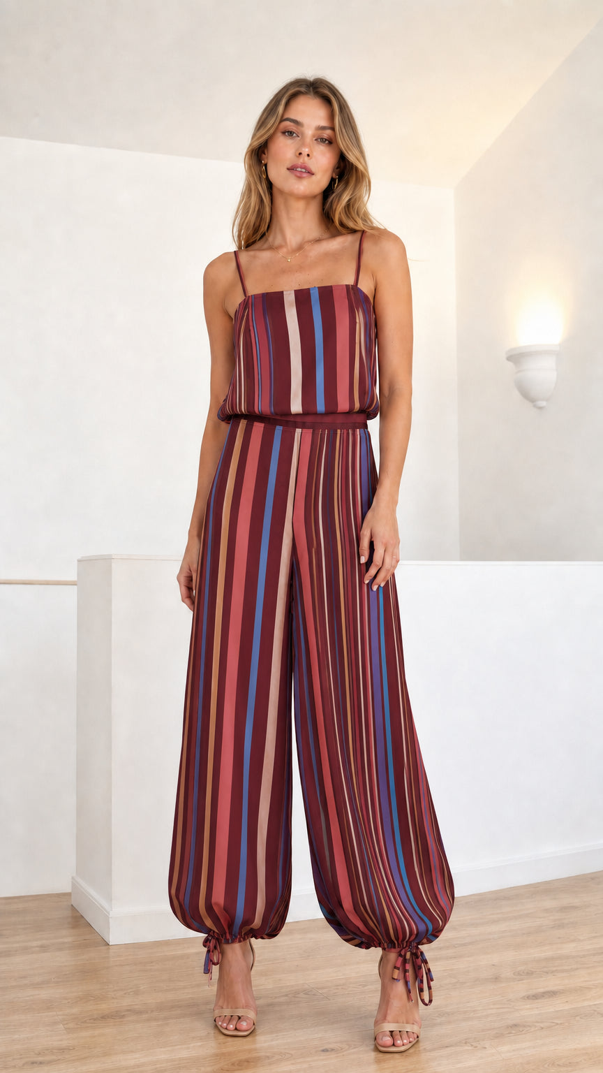 Model wearing burgundy plum multi-colored striped cami jumpsuit