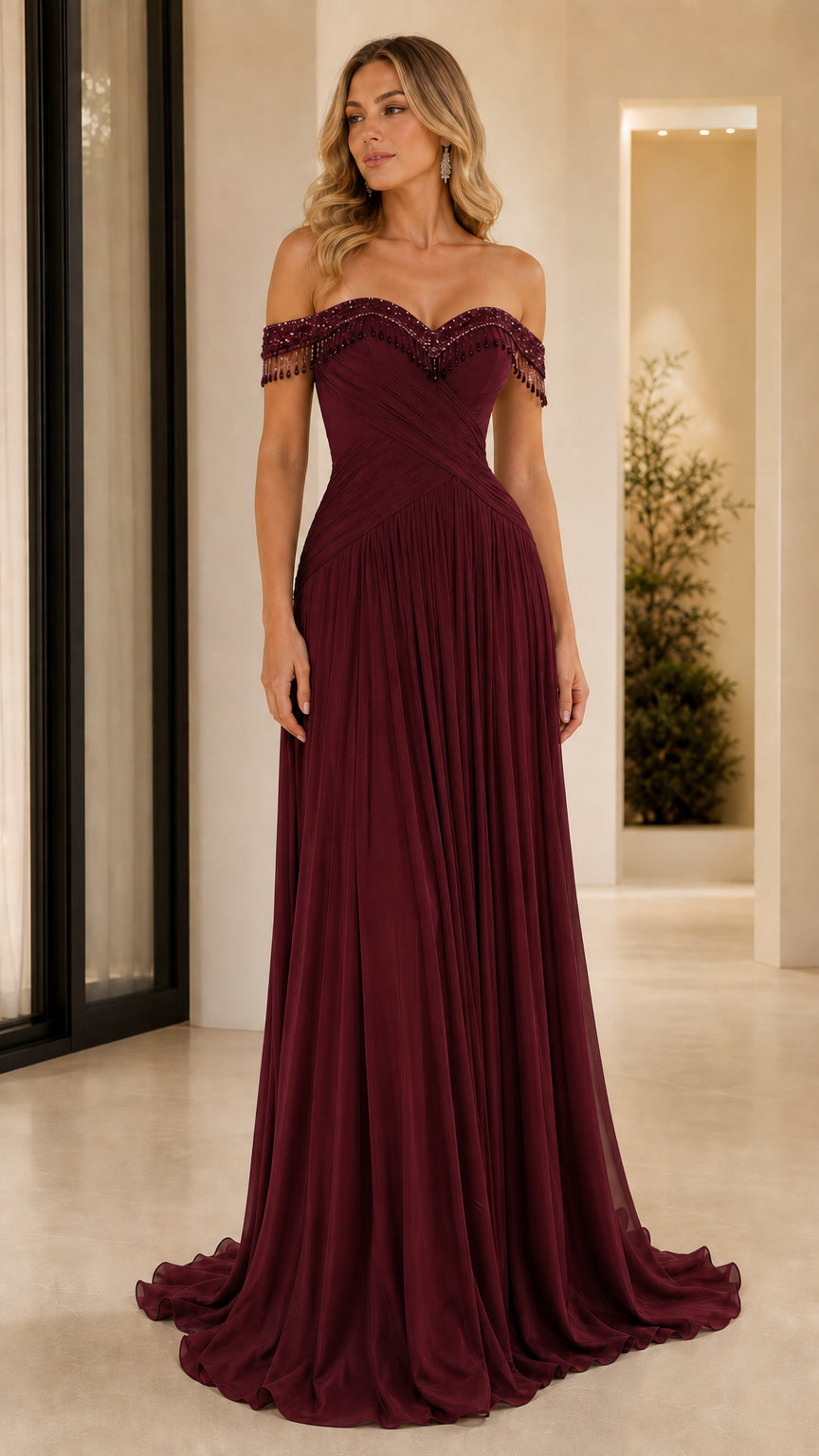 Front view of burgundy wine red off-the-shoulder chiffon evening dress