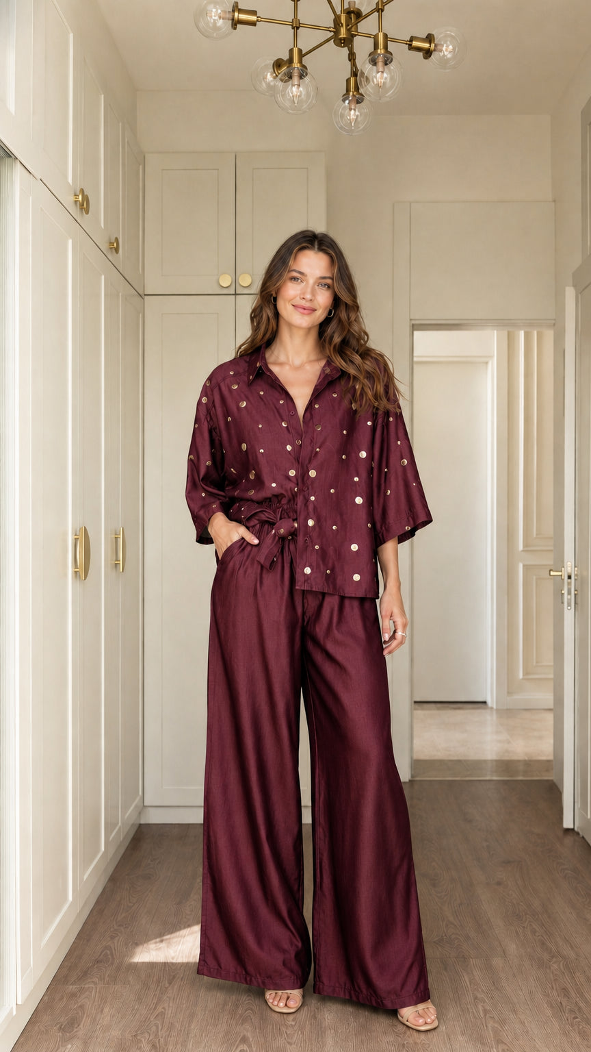 Model wearing Burgundy metallic polka dot shirt and wide-leg pants co-ord set
