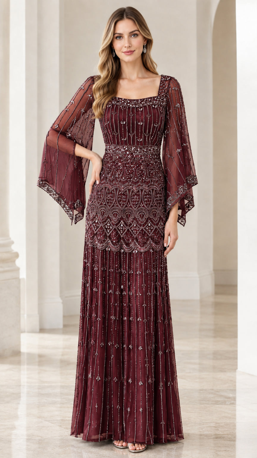 Burgundy wine beaded floor-length formal gown