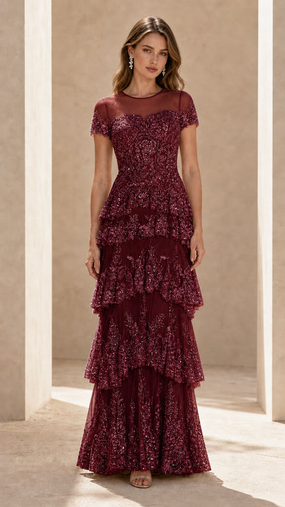 Front view of burgundy wine sequin tiered maxi formal gown