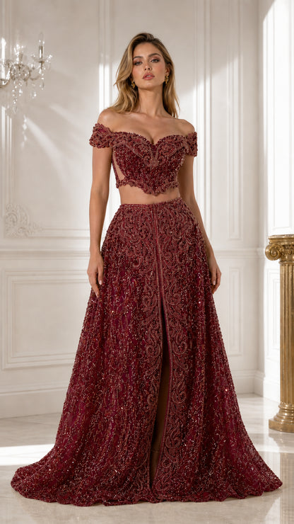 Front view of burgundy wine red beaded two-piece evening gown