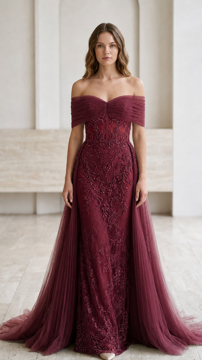 Burgundy wine off-the-shoulder formal gala dress with beaded embroidery