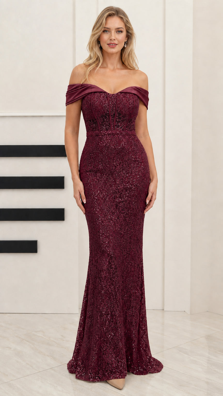 Front full-length view of burgundy red sequin lace corset evening dress