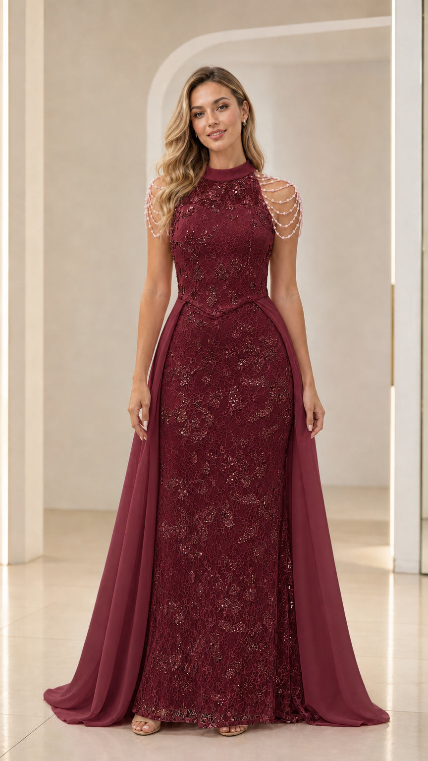 Burgundy high neck lace evening gown with pearl strands and sweeping chiffon train