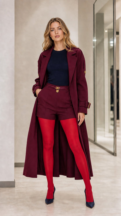 Full front view of model wearing Burgundy longline belted trench coat