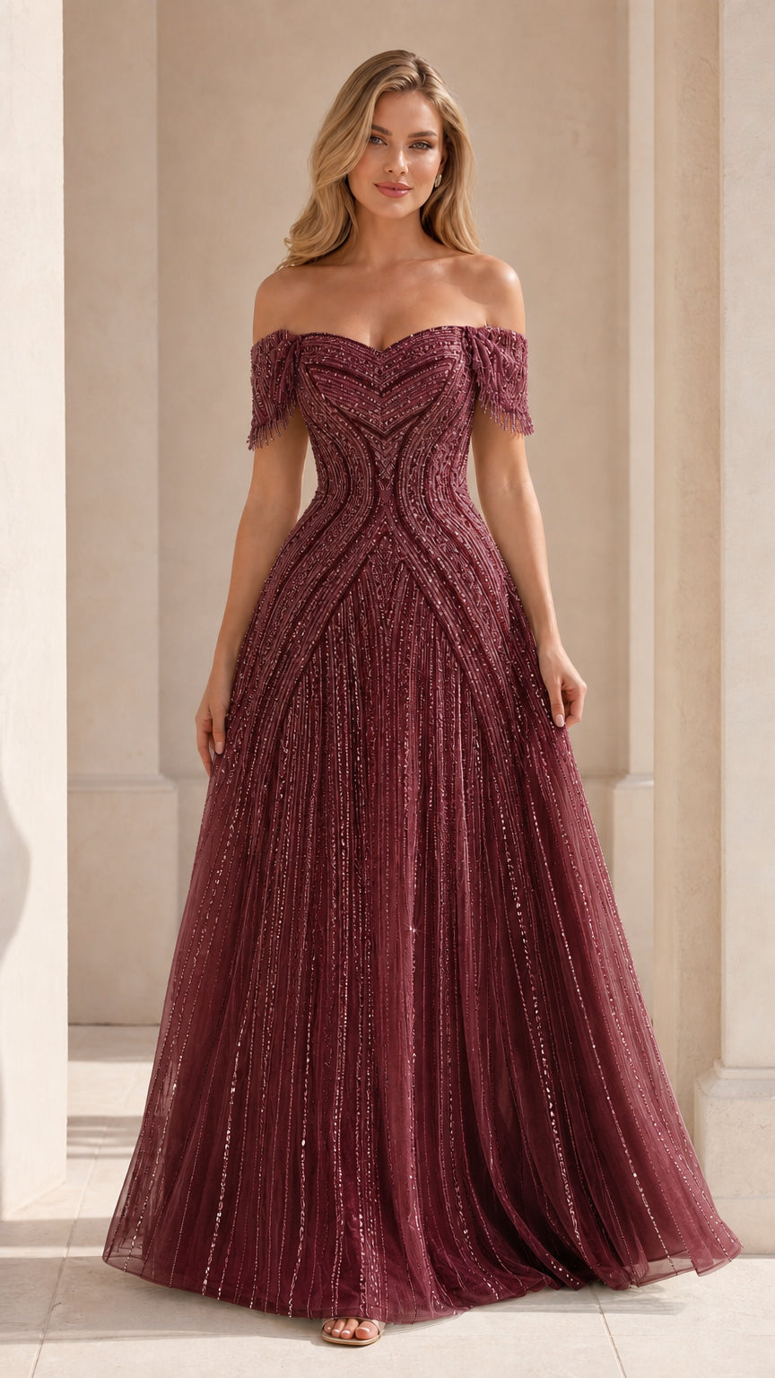 Burgundy variant of sequin embellished evening gown