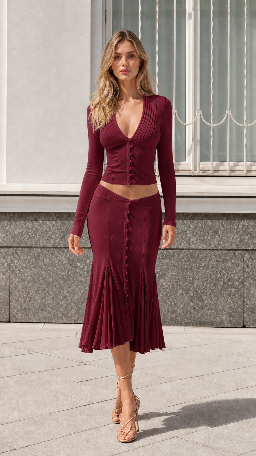 Front view of model wearing burgundy long-sleeve knit top and pleated mermaid midi skirt set