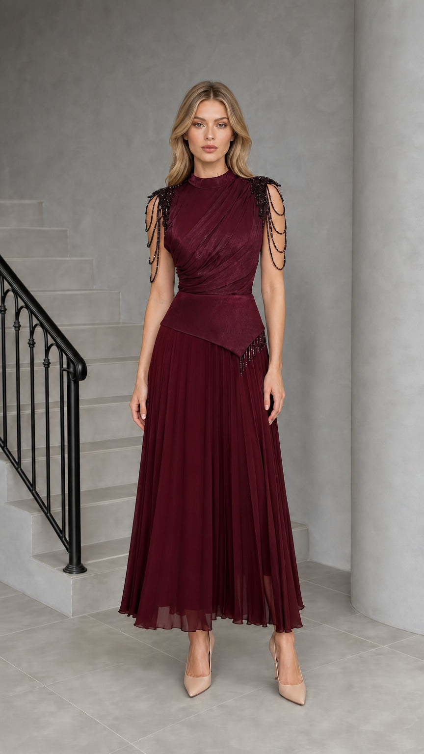 Burgundy Wine Mock Neck Beaded Fringe Pleated Maxi Dress