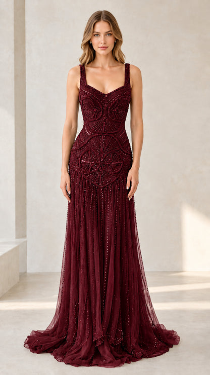 Burgundy red beaded sleeveless floor-length evening dress