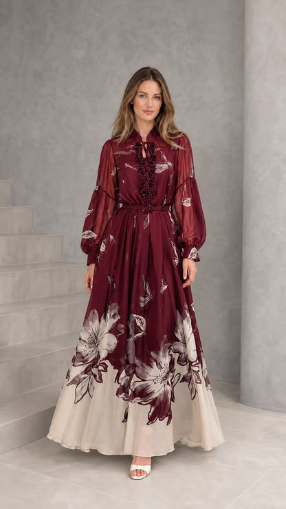 Burgundy wine red floral print chiffon evening gown
