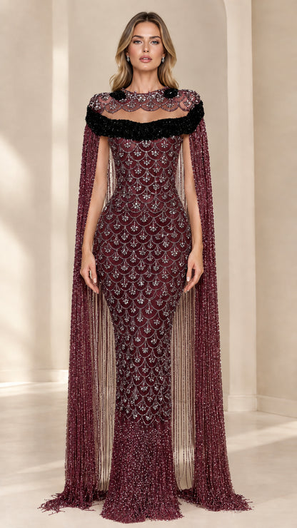 Front view of Burgundy Embellished Fringe Cape Evening Gown