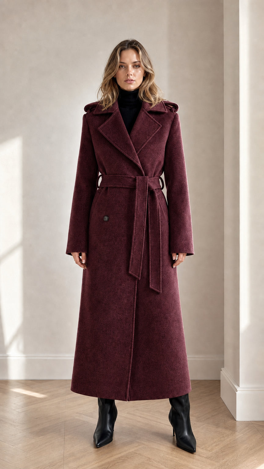 Front full-length view of woman wearing burgundy wine maxi belted trench coat