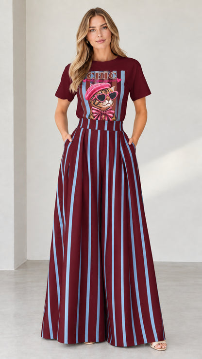 Full-length shot of burgundy graphic tee and burgundy striped wide-leg pants set